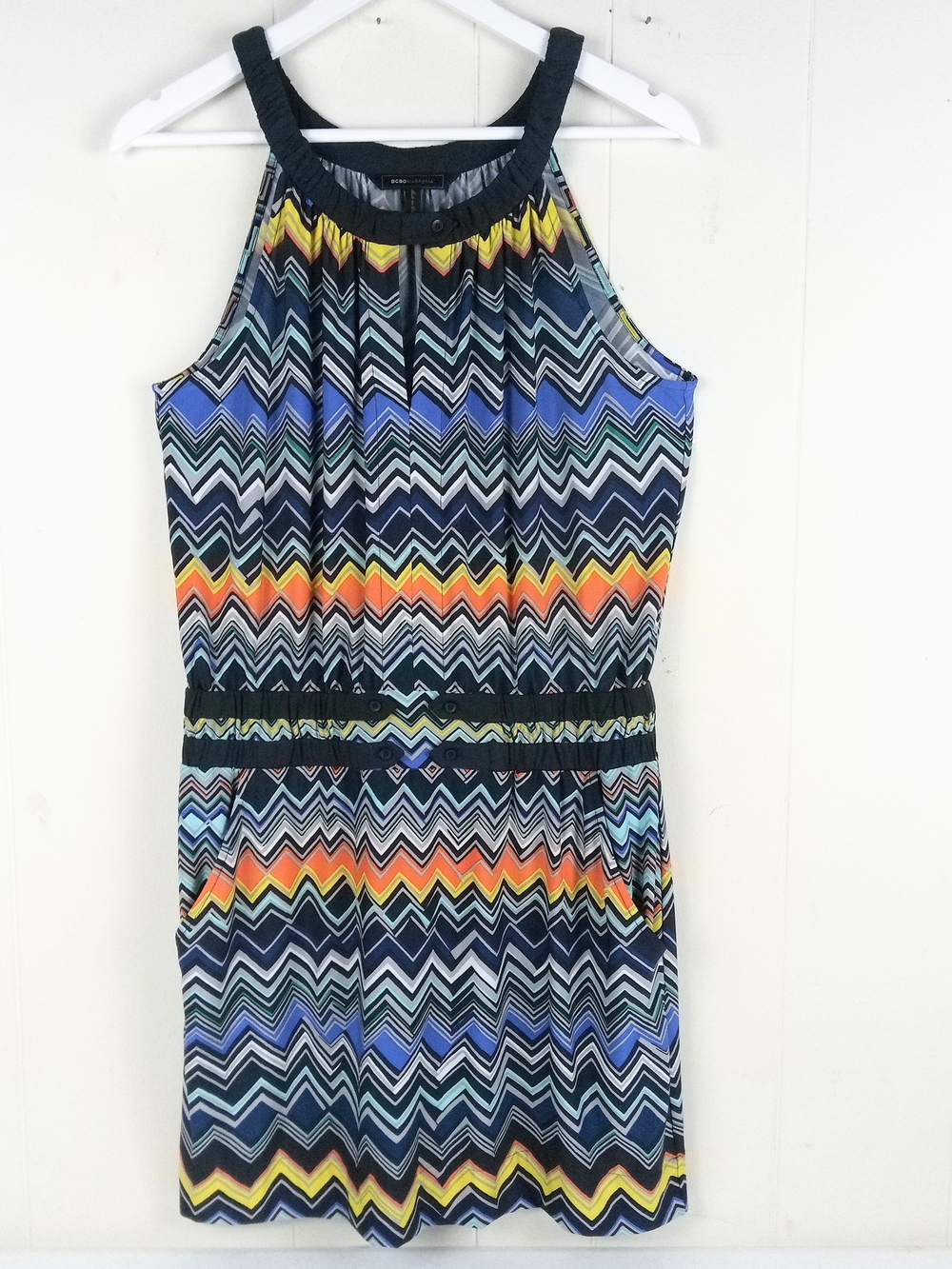 Sleeveless Chevron Print Summer Dress in Blue and Yellow Size M